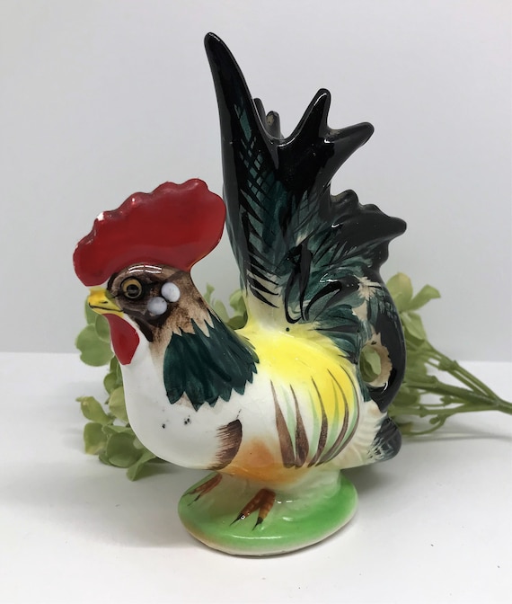Vintage Rooster Chicken Figurine Ceramic Made In Japan Hand Painted Farmhouse