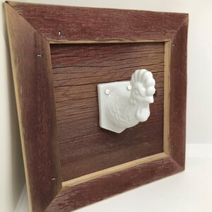 Towel Apron Hanger, Chicken Hook on Barnwood Holder, Ceramic Chicken, Chicken Rooster Decor, Kitchen Wall Hanger