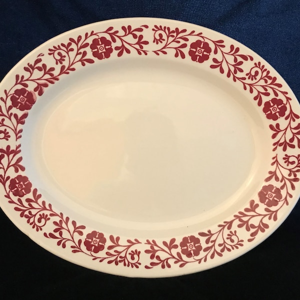 Vintage Red and White Ironstone Oval Platter Plate, Homer Laughlin Restaurant Ware Dish, Farmhouse Dishware Kitchen Ware