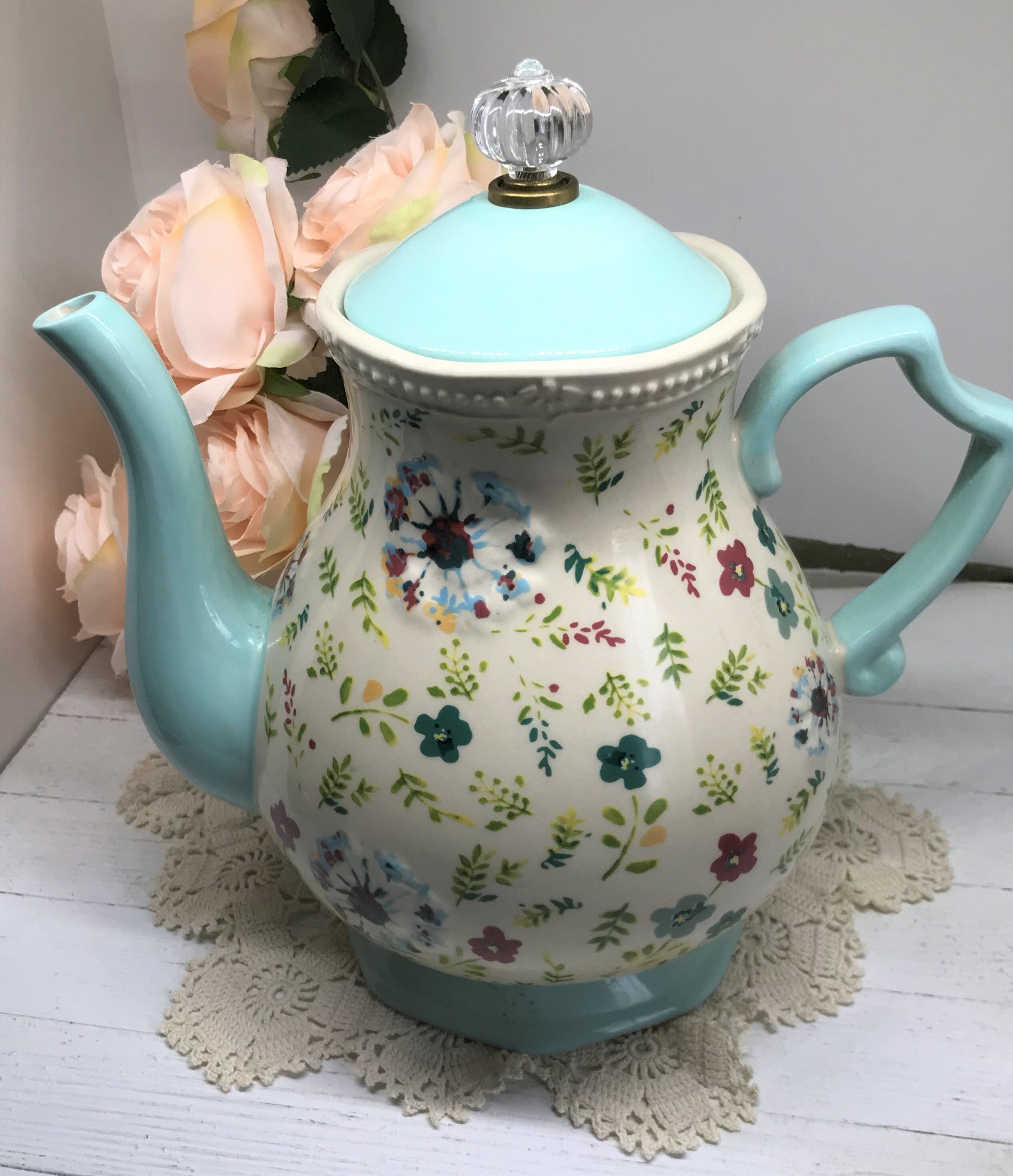 Pioneer Woman Teapot, Ceramic Aqua Blue and Floral Teapot With Clear  Acrylic Knob on Lid, Farmhouse Country Shabby Kitchen Decor 