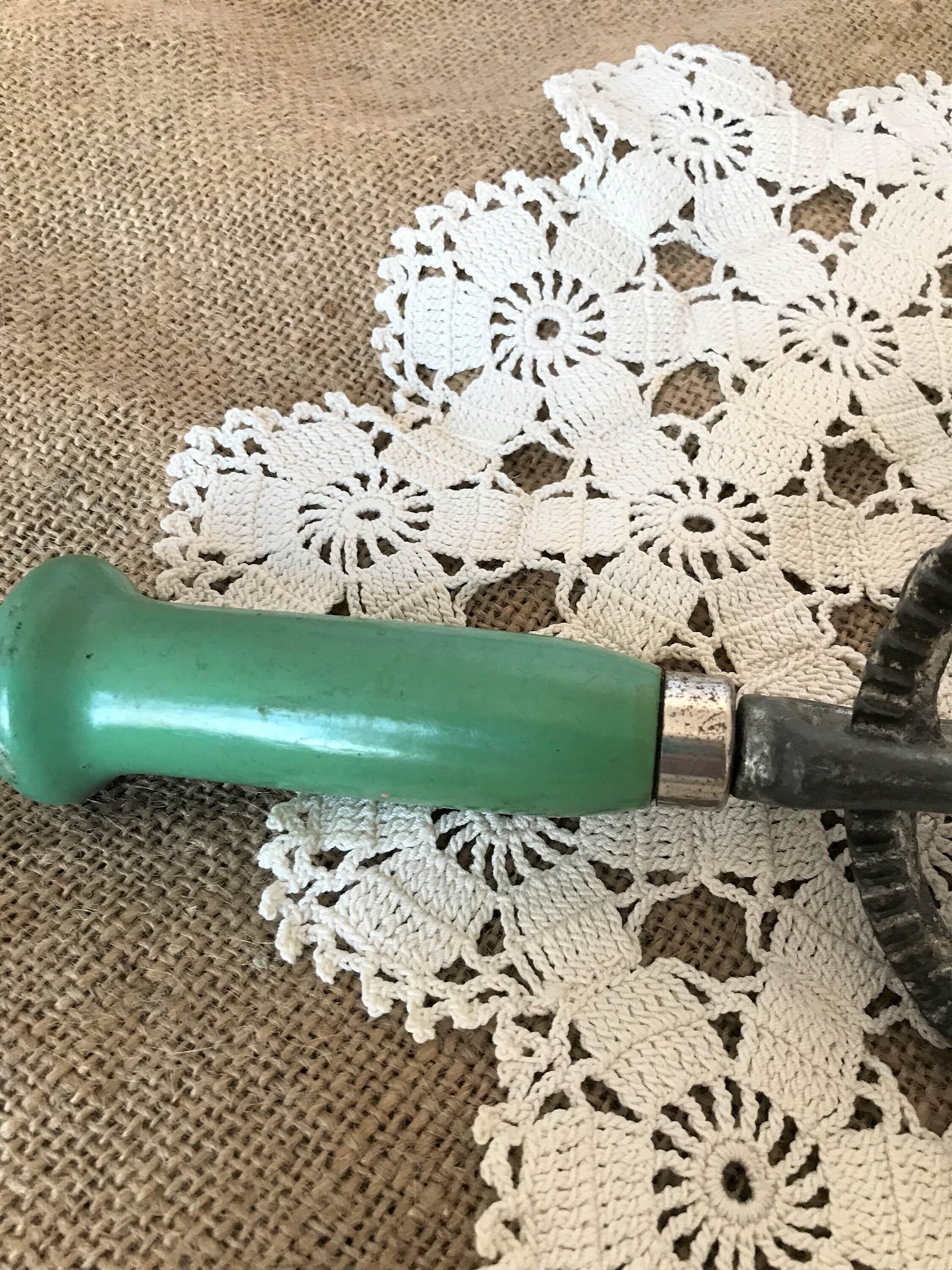 Very Large Vintage Green Handheld, Taplin Hand Crank Beater Mixer,  Farmhouse Country Kitchen Ware Utensil 
