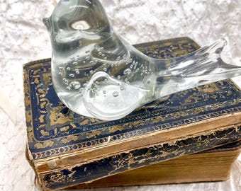Handblown Clear Art Glass Bird Paperweight Featuring Controlled Bubbles with the Bullicante Technique