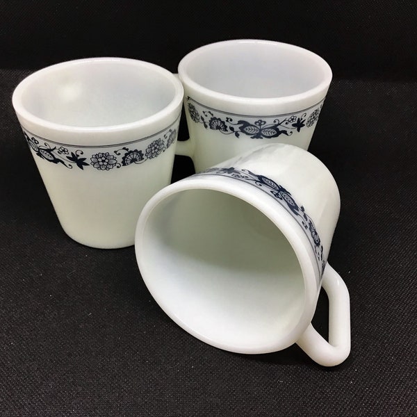 Pyrex Milk Glass Mugs, Set of 3 Blue Onion White Milk Glass Coffee Cups, Collectible Dinnerware, #1410