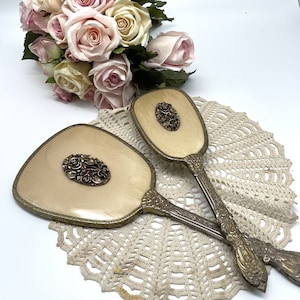 Vintage Ornate Vanity Set: Gold Toned Mirror and Brush, Made in USA