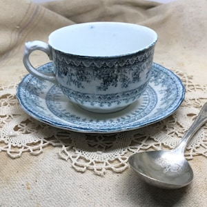 Vintage Ironstone Cup and Saucer: Blue Floral Burslem England