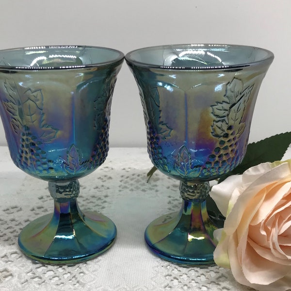 Vintage Gorgeous Blue Carnival Indiana Glass 2 Goblets Glasses, Glassware Harvest Grape Pattern
