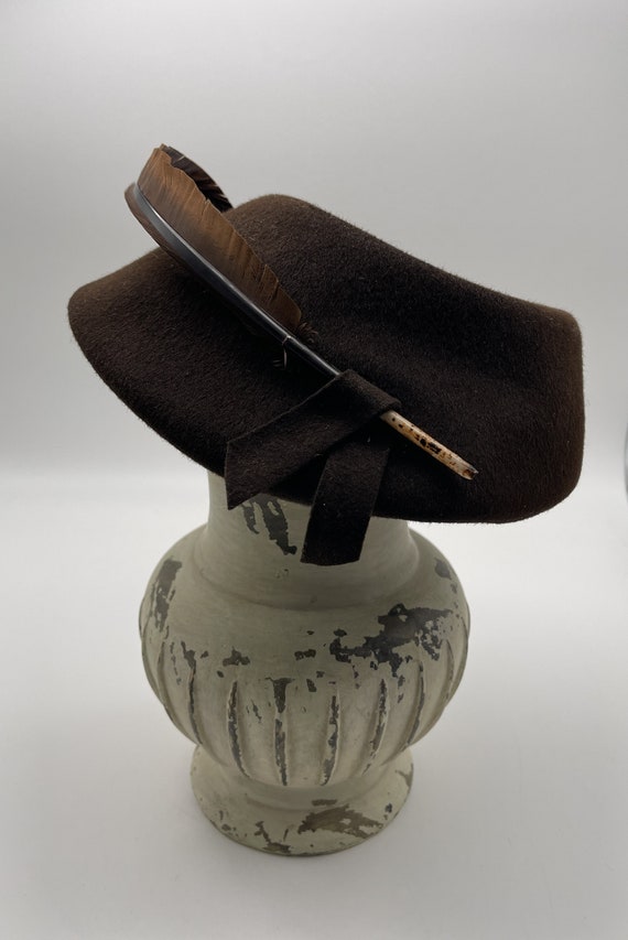Vintage Felt Brown Hat with Feather, 1930's Henry… - image 2