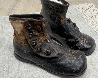 Antique Victorian Edwardian Child Size Kids High Button Leather Boots Shoes