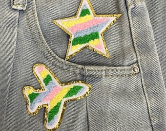 Airplane Iron-On Patch,Colorful Chenille Airplane Travel Patch,Heart Patches,Sew on Embroidered Patches,Star Patch,Sew-on Applique for Jeans