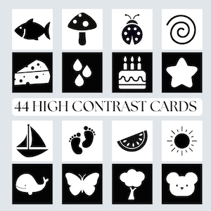 44 CARTES À CONTRASTE ÉLEVÉ |  cartes sensorielles, cartes mémoire, stimulation du nourrisson, cartes illustrées, activités pour nouveau-nés, développement du bébé, 0-12 mois