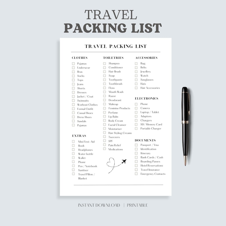 Travel Packing List (includes International List) - Etsy