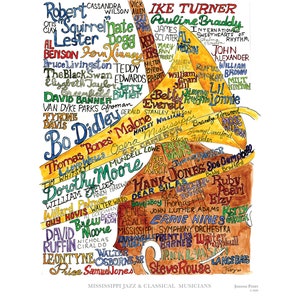 Mississippi Jazz & Classical Musicians wordart local landmark art signed limited edition print UNFRAMED