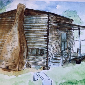 May include: Watercolor painting of a rustic log cabin with a large brick chimney. The cabin has a porch and a wooden door. The artwork is set against a backdrop of green grass and a blue sky, with a bench in the foreground.