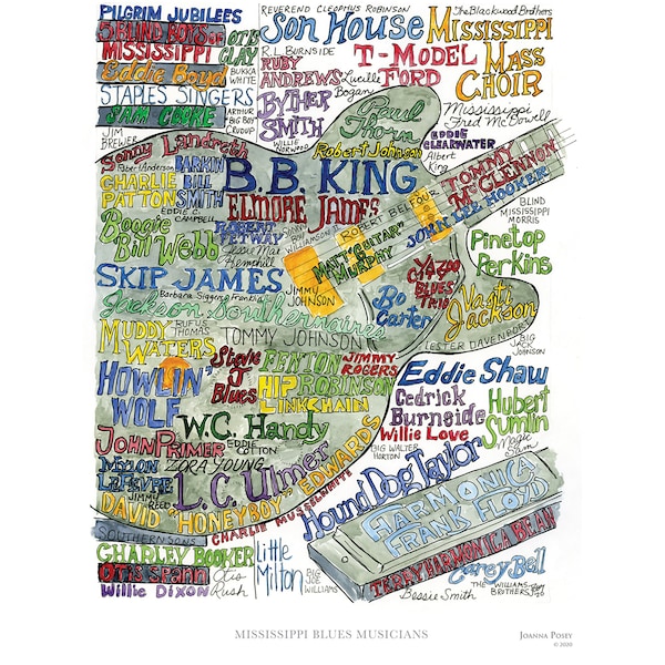 Mississippi Blues Musicians wordart local landmark art signed limited edition print UNFRAMED