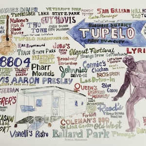 Tupelo, Mississippi 11x14&quot; wordart local landmark art signed print UNFRAMED