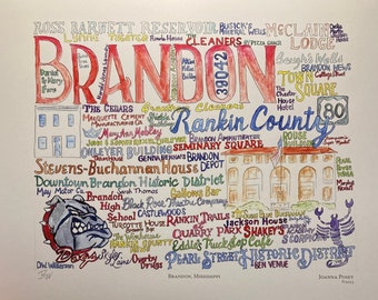 Brandon, Mississippi 11x14" wordart local landmark art signed print UNFRAMED