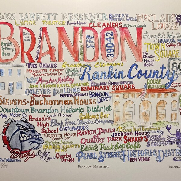 Brandon, Mississippi 11x14" wordart local landmark art signed print UNFRAMED