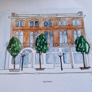 May include: Watercolor painting of a brick building with three windows on each floor. The building is labeled "Inez Hotel". There are three trees in front of the building, and the painting is signed "Joanna Posey 2023".