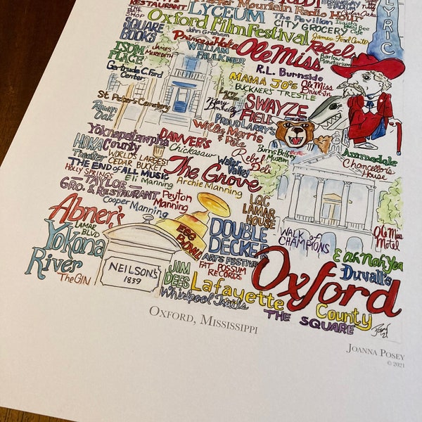 Oxford, Mississippi wordart local landmark art signed limited edition print UNFRAMED