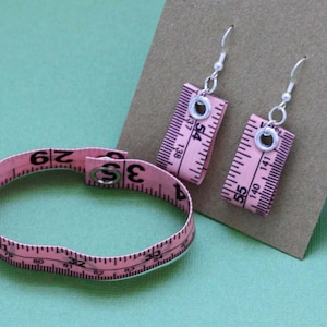 Tape Measure Jewelry Set in Light Pink - Earrings and Bracelet - Statement Jewelry created with Upcycled Measuring Tape
