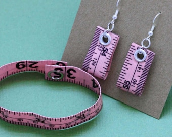 Tape Measure Jewelry Set in Light Pink - Earrings and Bracelet - Statement Jewelry created with Upcycled Measuring Tape