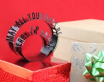 May All Your Days Be Merry & Bright - Film Reel Gift Packaging Bow - Pop Up Letters Word Loop - Repurposed Movie Film Strips - Gift Topper