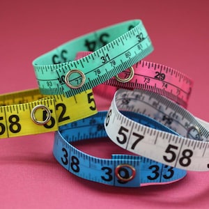 Five Pack of Tape Measure Bracelets in Various Colors - Statement Jewelry created with Upcycled Measuring Tape - Vinyl Snap Bracelet