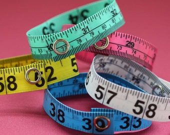 Large Pack of 25 Tape Measure Bracelets in Various Colors - Statement Jewelry created with Upcycled Measuring Tape - Vinyl Snap Bracelet