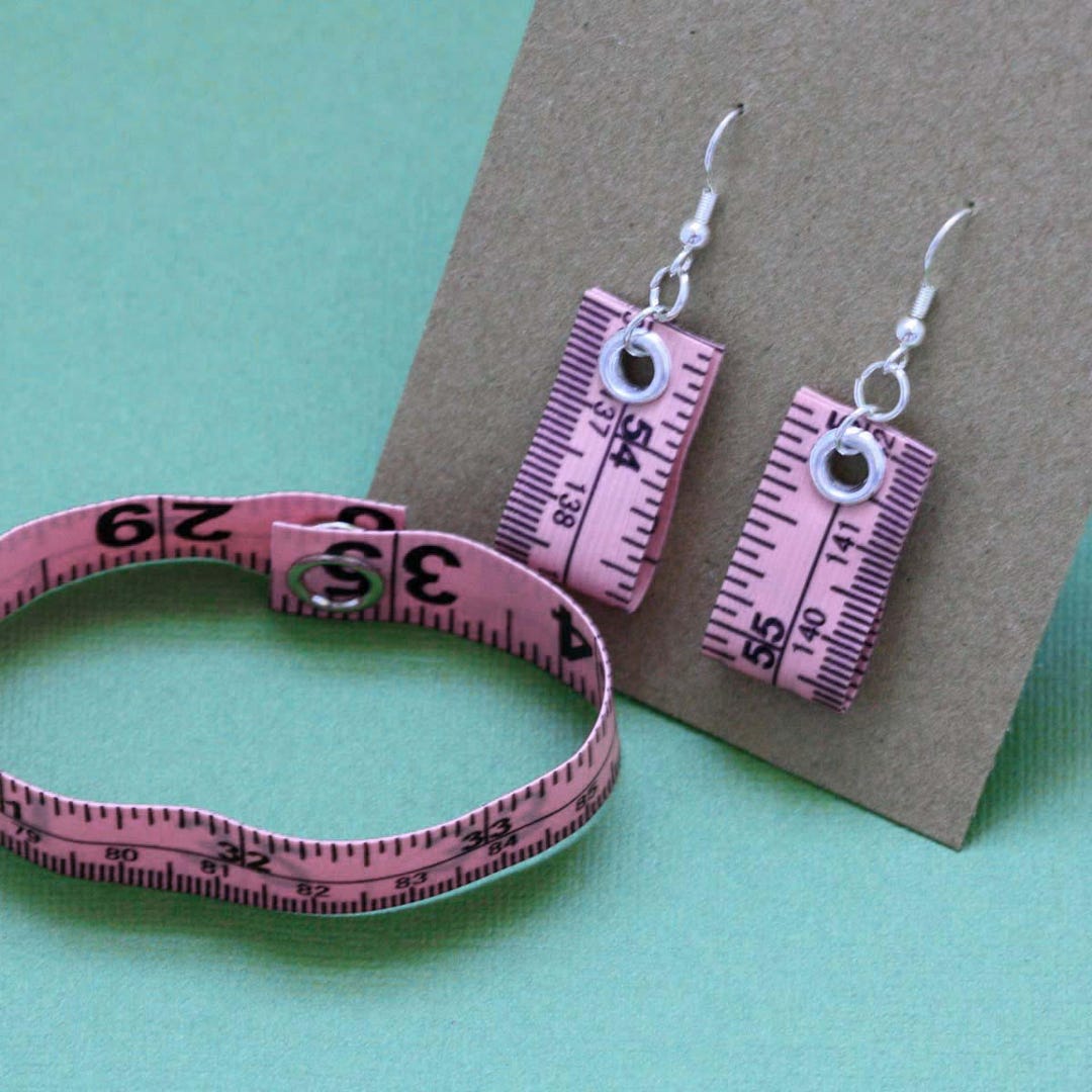 Tape Measure Jewelry Set in Light Pink Earrings and Bracelet Statement