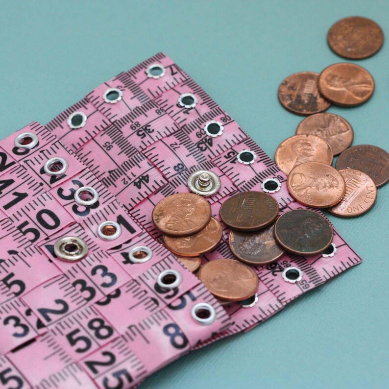 Tape Measure Coin Pouch in Light Pink Coin Purse or Wallet created with Upcycled Measuring Tape