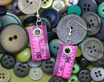 Tape Measure Earrings in Pink - Statement Jewelry created with Upcycled Measuring Tape - Dangle Earrings - Repurposed - Trashion - Crafty