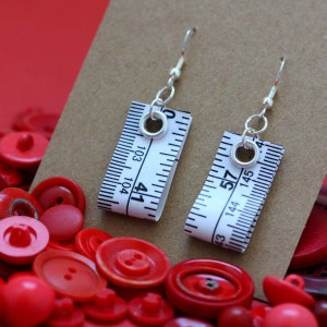 Tape Measure Earrings in White Statement Jewelry created with Upcycled Measuring Tape Dangle Earrings Repurposed Trashion Crafty image 2