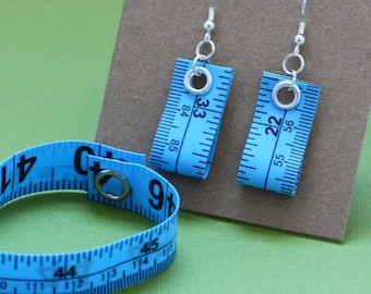 Tape Measure Jewelry Set in Blue - Earrings and Bracelet - Statement Jewelry created with Upcycled Measuring Tape