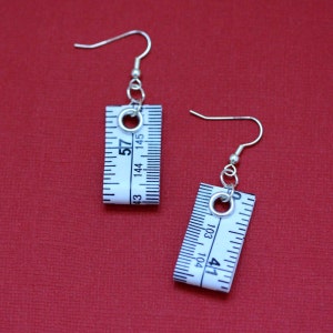 Tape Measure Earrings in White Statement Jewelry created with Upcycled Measuring Tape Dangle Earrings Repurposed Trashion Crafty image 3