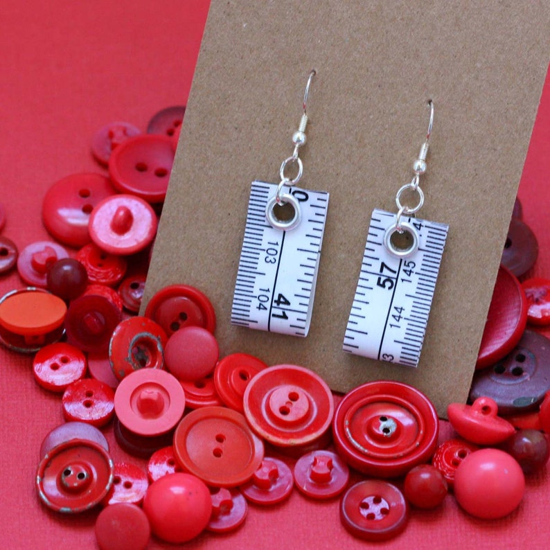 Tape Measure Earrings in White Statement Jewelry created with Upcycled Measuring Tape Dangle Earrings Repurposed Trashion Crafty image 4