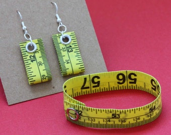 Tape Measure Jewelry Set in Bright Yellow - Earrings and Bracelet - Statement Jewelry created with Upcycled Measuring Tape