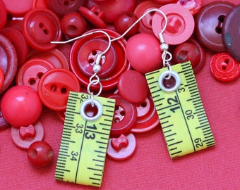 Tape Measure Earrings in Yellow - Statement Jewelry created with Upcycled Measuring Tape - Dangle Earrings - Repurposed - Trashion - Crafty