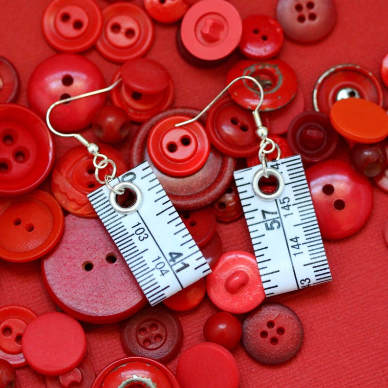 Tape Measure Earrings in White Statement Jewelry created with Upcycled Measuring Tape Dangle Earrings Repurposed Trashion Crafty image 1