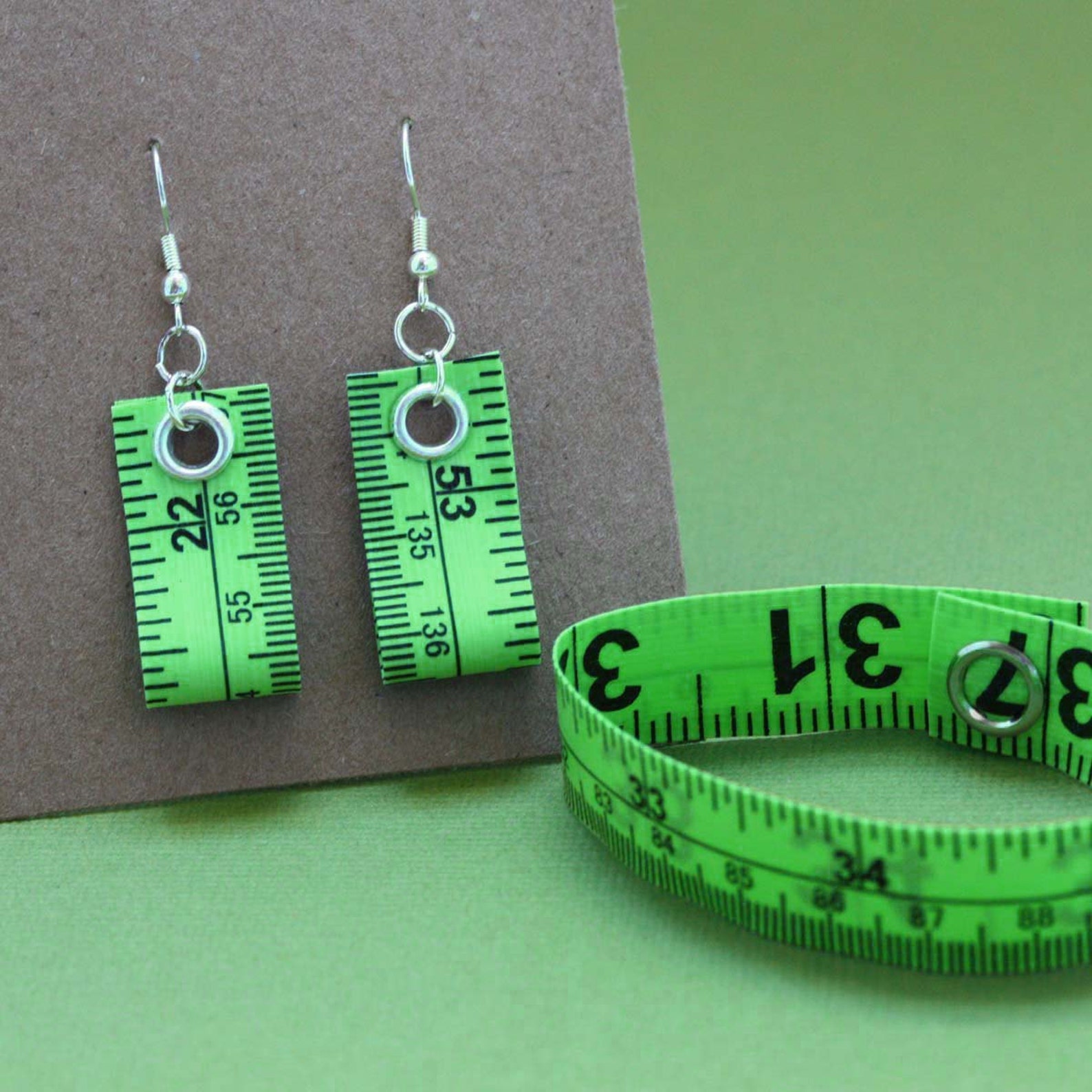 Tape Measure Jewelry Set in Lime Green Earrings and Bracelet Etsy