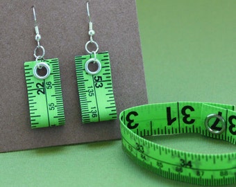 Tape Measure Jewelry Set in Lime Green - Earrings and Bracelet - Statement Jewelry created with Upcycled Measuring Tape