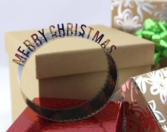 Merry Christmas - Film Reel Gift Packaging Bow - Pop Up Letters Word Loop - Repurposed from Movie Film Strips - Holiday Gift Topper