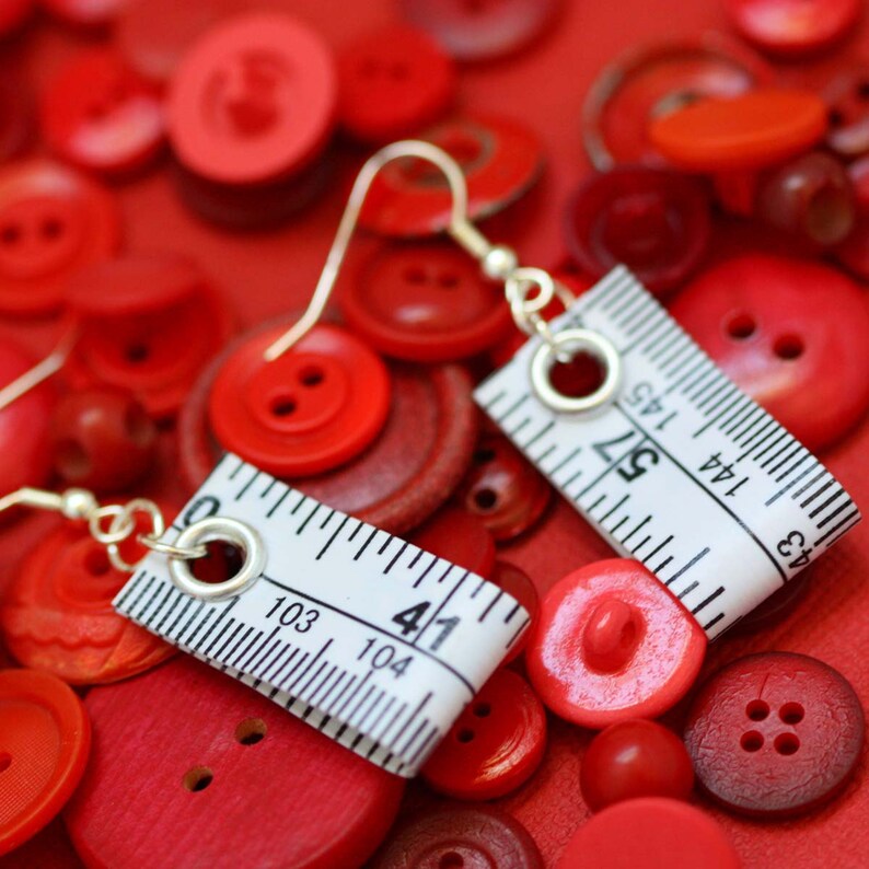 Tape Measure Earrings in White Statement Jewelry created with Upcycled Measuring Tape Dangle Earrings Repurposed Trashion Crafty image 5