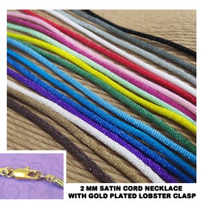 2mm Satin Cord Necklace With GOLD PLATED Lobster Clasp Choose Length and Color 14 to 44 inch, Black, Gray, Red, Pink, Green, Blue, etc image 1