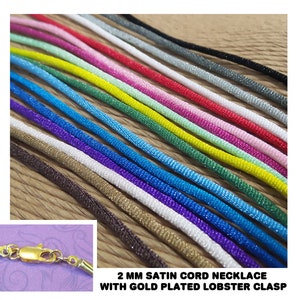 2 mm Satin-Schnur-Halskette mit vergoldetem Karabiner-Verschluss - Länge und Farbe wählen - 14 bis 44 Zoll, Schwarz, Grau, Rot, Rosa, Grün, Blau usw
