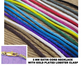 2mm Satin Cord Necklace With GOLD PLATED Lobster Clasp - Choose Length and Color - 14 to 44 inch, Black, Gray, Red, Pink, Green, Blue, etc