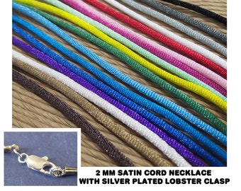 Collar de cordón satinado con cierre de langosta PLATEADO - Usted elige la longitud y el color - Negro, Rojo, Rosa, Azul — 14 pulgadas a 44 pulgadas