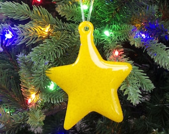 Set of 2 Yellow Stars Glass Fused Christmas Ornament