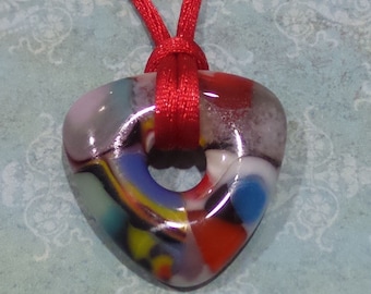 Colorful Fused Glass Necklace, Triangular Donut Pendant, Rainbow, Red, Blue, Ready to Ship, Fused Glass Jewelry - Vivacious
