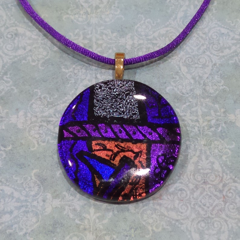 Purple Dichroic Glass Necklace, Orange, Indigo Blue Fused Glass Pendant, Handmade Jewelry, Gift for Her, One of a Kind Deep Passion 8 image 5