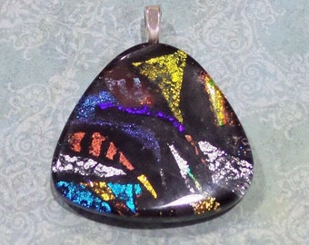 Colorful Dichroic Pendant, Black, Orange, Blue, Silver, Omega Slide Pendant, Fused Glass Jewelry, Ready to Ship, Glass Fuse - Nicholetta